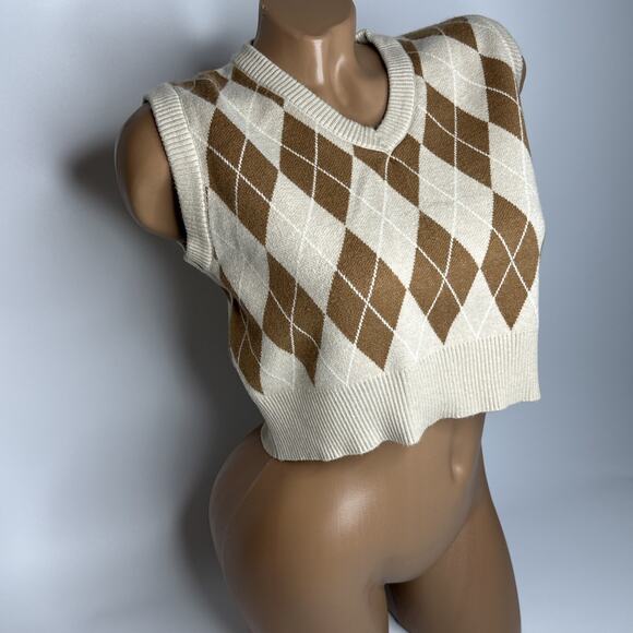 Womens Sweater Vest M Academia Preppy Retro Collegiate Argyle Oversized Crop - Picture 1 of 8